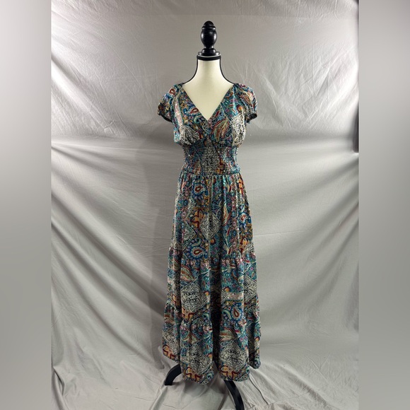 Boho Paisley Shirred Waist Ruffle Hem Maxi Dress Multicolor - Picture 9 of 12